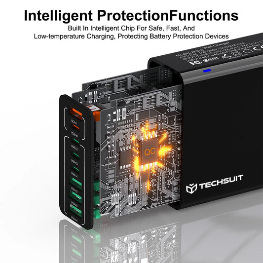 Sieťová nabíjačka Techsuit CHPD224, 65W, 3.25A, 4 x USB-A - 4 x USB-C, Čierna