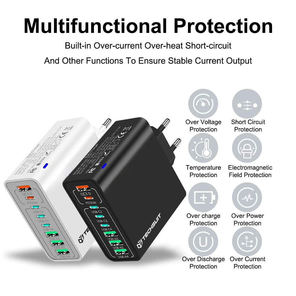 Sieťová nabíjačka Techsuit CHPD224, 65W, 3.25A, 4 x USB-A - 4 x USB-C, Čierna