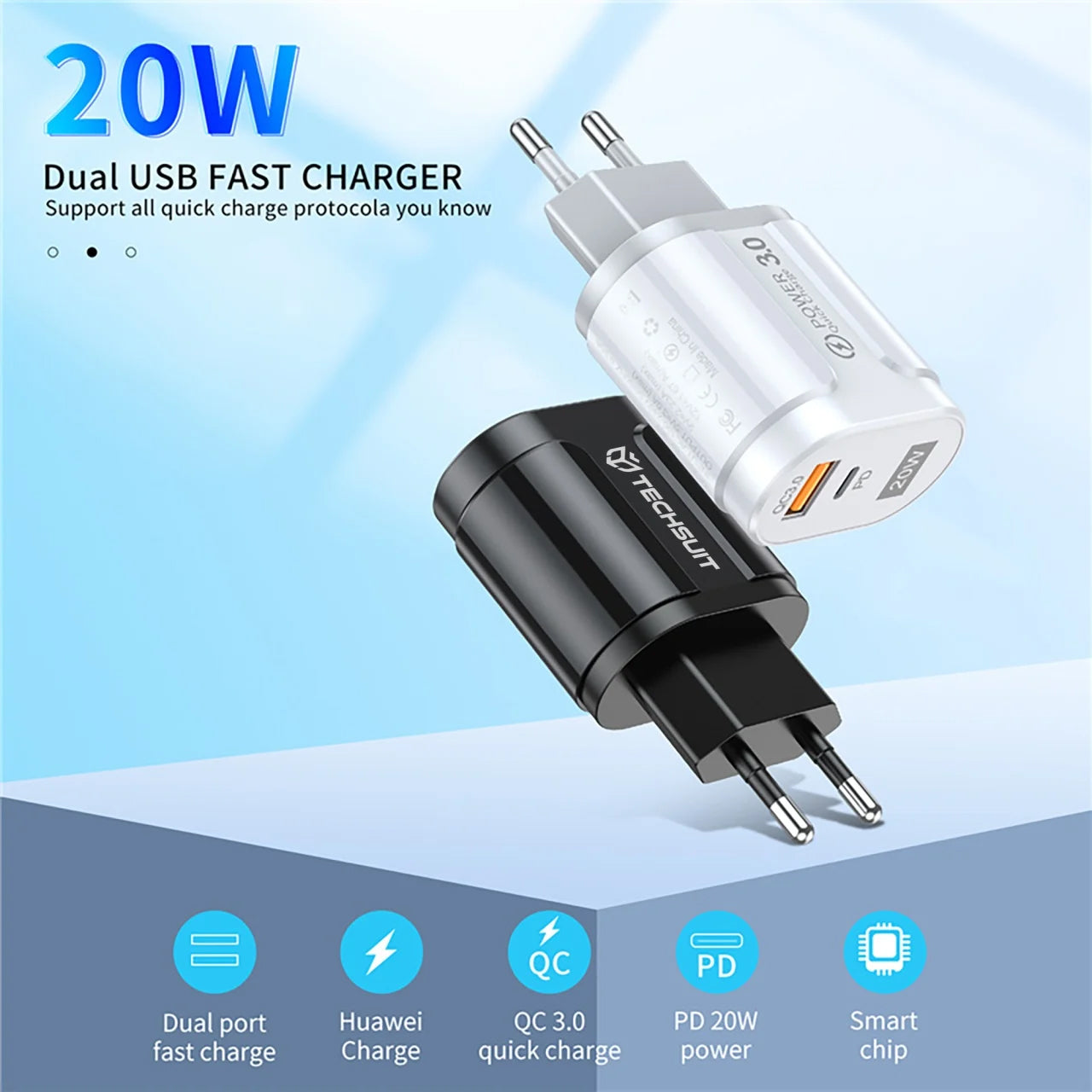 Sieťová nabíjačka Techsuit Premium, 20W, 3A, 1 x USB-A - 1 x USB-C, Biela