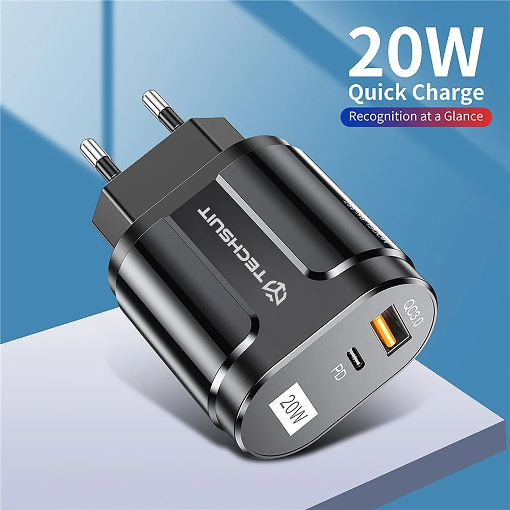 Sieťová nabíjačka Techsuit Premium, 20W, 3A, 1 x USB-A - 1 x USB-C, Biela