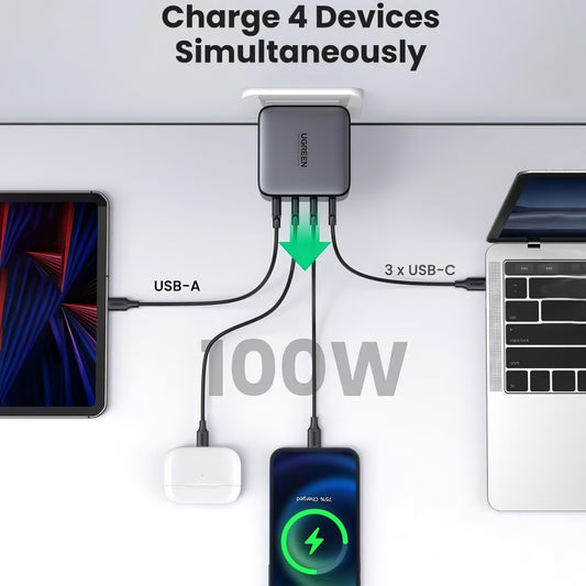 Sieťová nabíjačka UGREEN CD226, 100 W, 3A, 1 x USB-A - 3 x USB-C, čierna