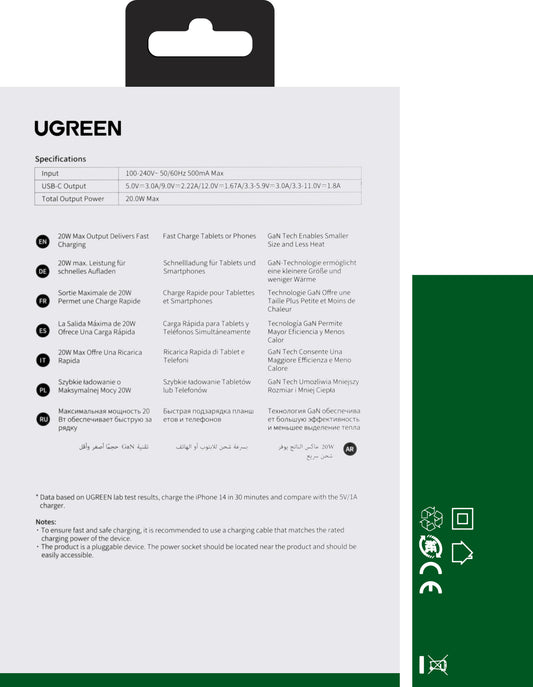 Sieťová nabíjačka UGREEN CD318, 20 W, 3A, 1 x USB-C, sivá