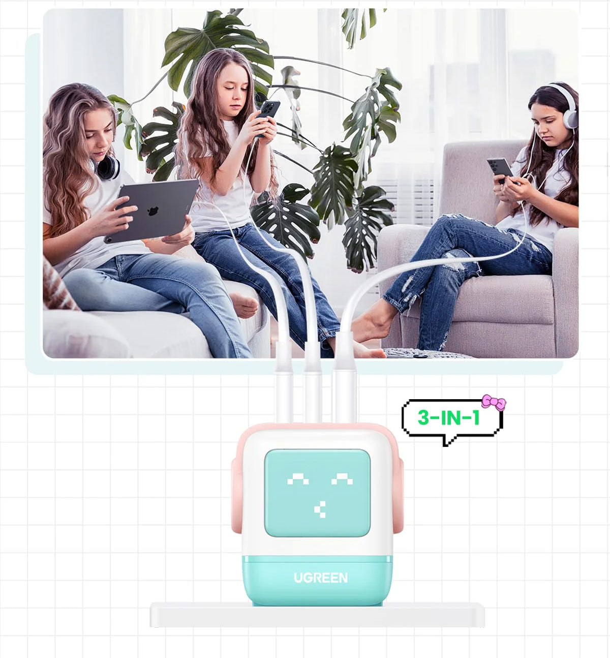 UGREEN CD361 Uno Network Charger, 65W, 3.25A, 1 x USB-A - 2 x USB-C, Turquoise