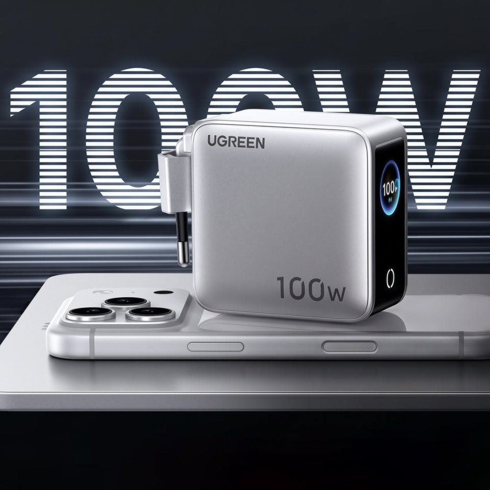 Sieťová nabíjačka UGREEN Nexode Pro X772 (95942B) s displejom, 100 W, 5 A, 1 × USB-A – 3 × USB-C, sivá