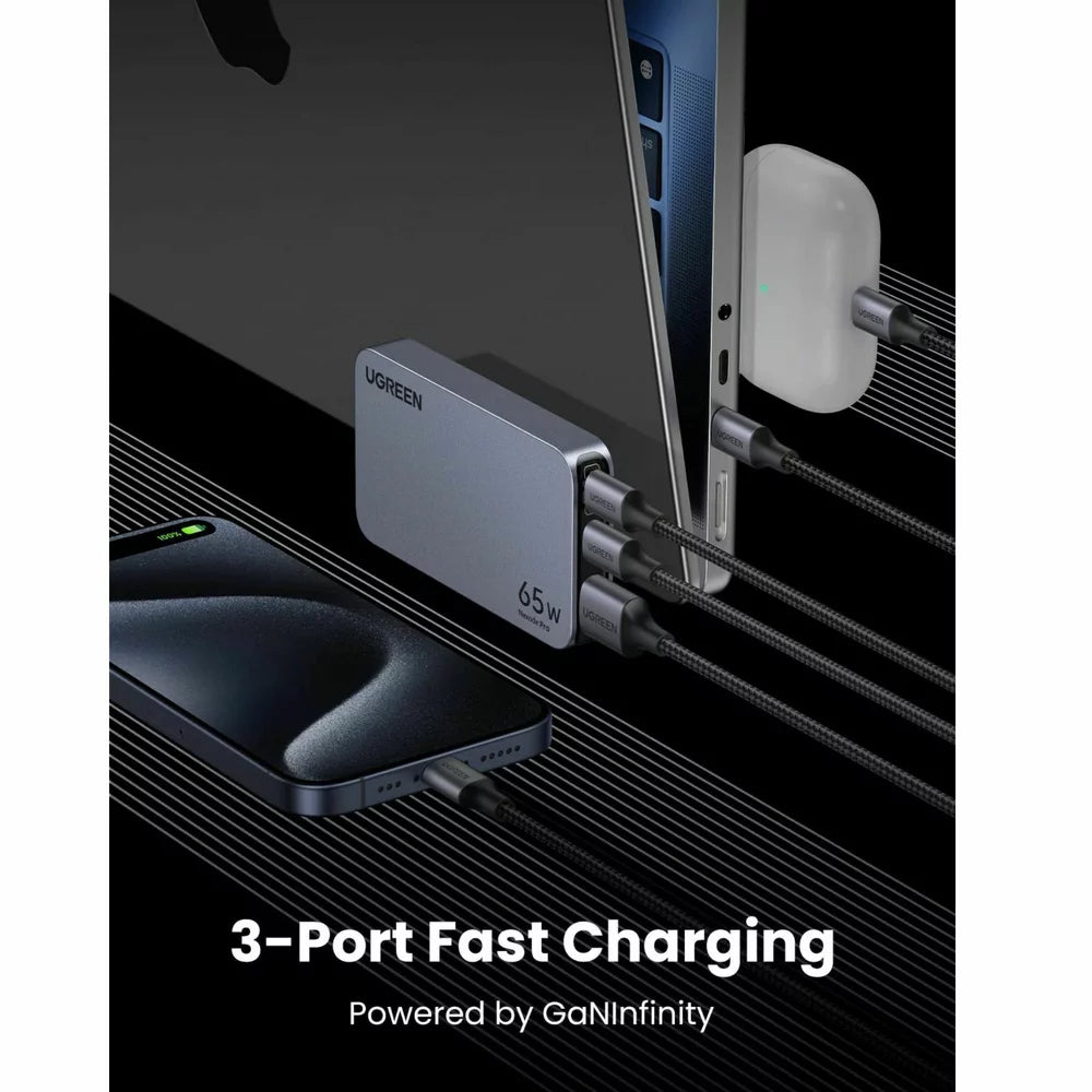 Sieťová nabíjačka UGREEN X753 Nexode Pro, 65 W, 3A, 1 x USB-A - 2 x USB-C, sivá