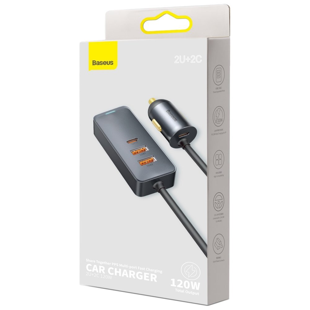 Auto nabíjačka Baseus Share Together, 120W, 3A, 2 x USB-A - 2 x USB-C, Sivá CCBT-A0G