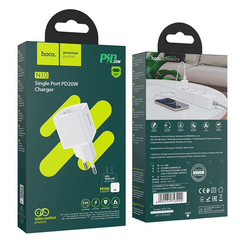 Sieťová nabíjačka HOCO N10, 20 W, 3A, 1 x USB-C, biela