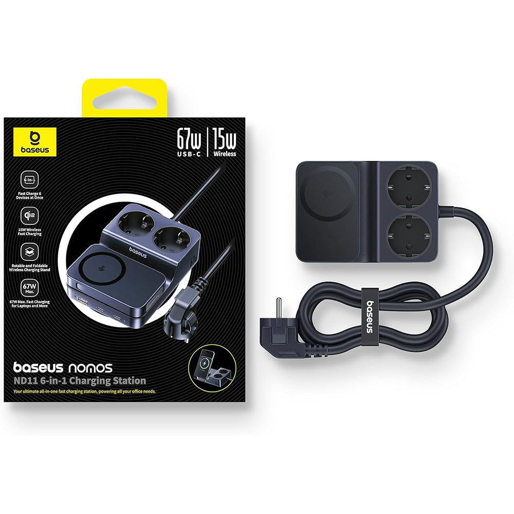 Nabíjačka Stanica Baseus Nomos ND11 QI 6in1, 67W, 3.35A, 1 x USB-A - 2 x USB-C - 2 x Schuko, Čierna P80015804213-00