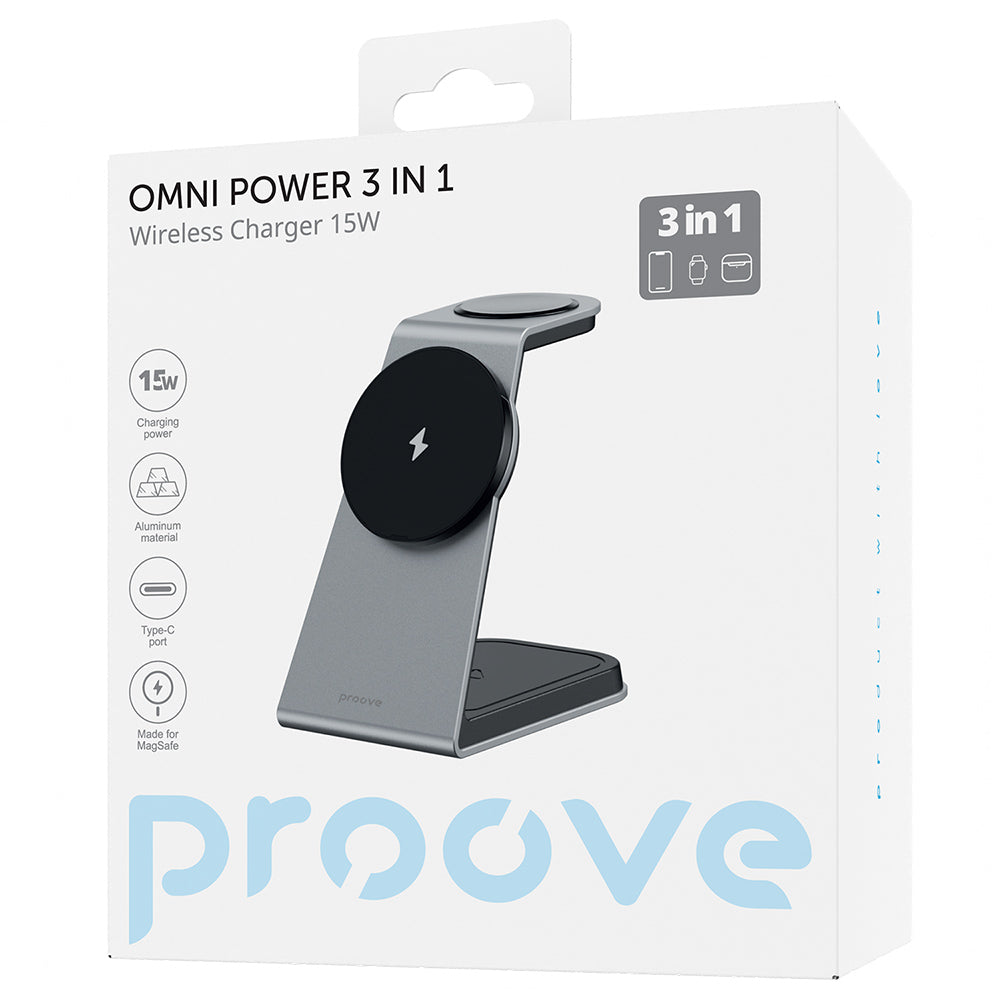 Bezdrôtová nabíjačka Proove Omni Power 3v1, 15W, 1.67A, Sivá WSOP15020003
