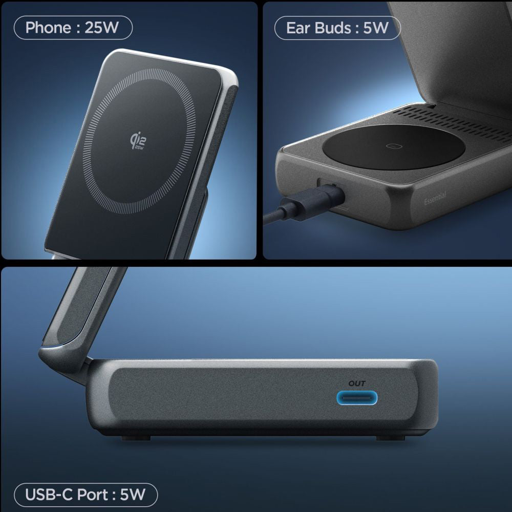 Bezdrôtová nabíjačka Spigen EF302MOQ 3v1, 25W, 1 x USB-C, Sivá