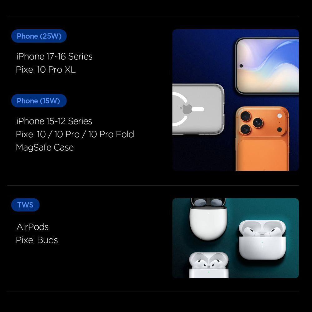 Bezdrôtová nabíjačka Spigen EF302MOQ 3v1, 25W, 1 x USB-C, Sivá