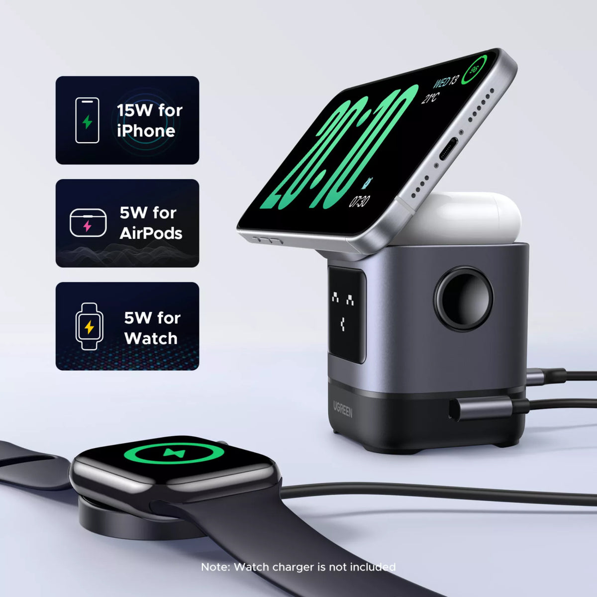 Bezdrôtová sieťová nabíjačka UGREEN W709 Uno 2in1, 15W, 1.67A, Čierna