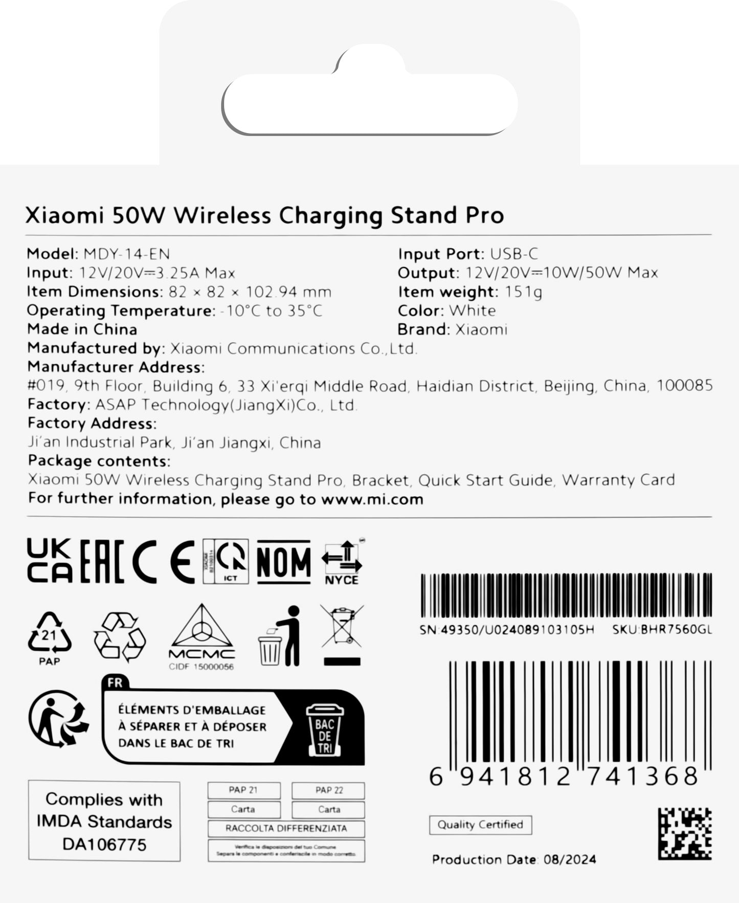 Bezdrôtová sieťová nabíjačka Xiaomi Stand Pro, 50 W, biela BHR7560GL