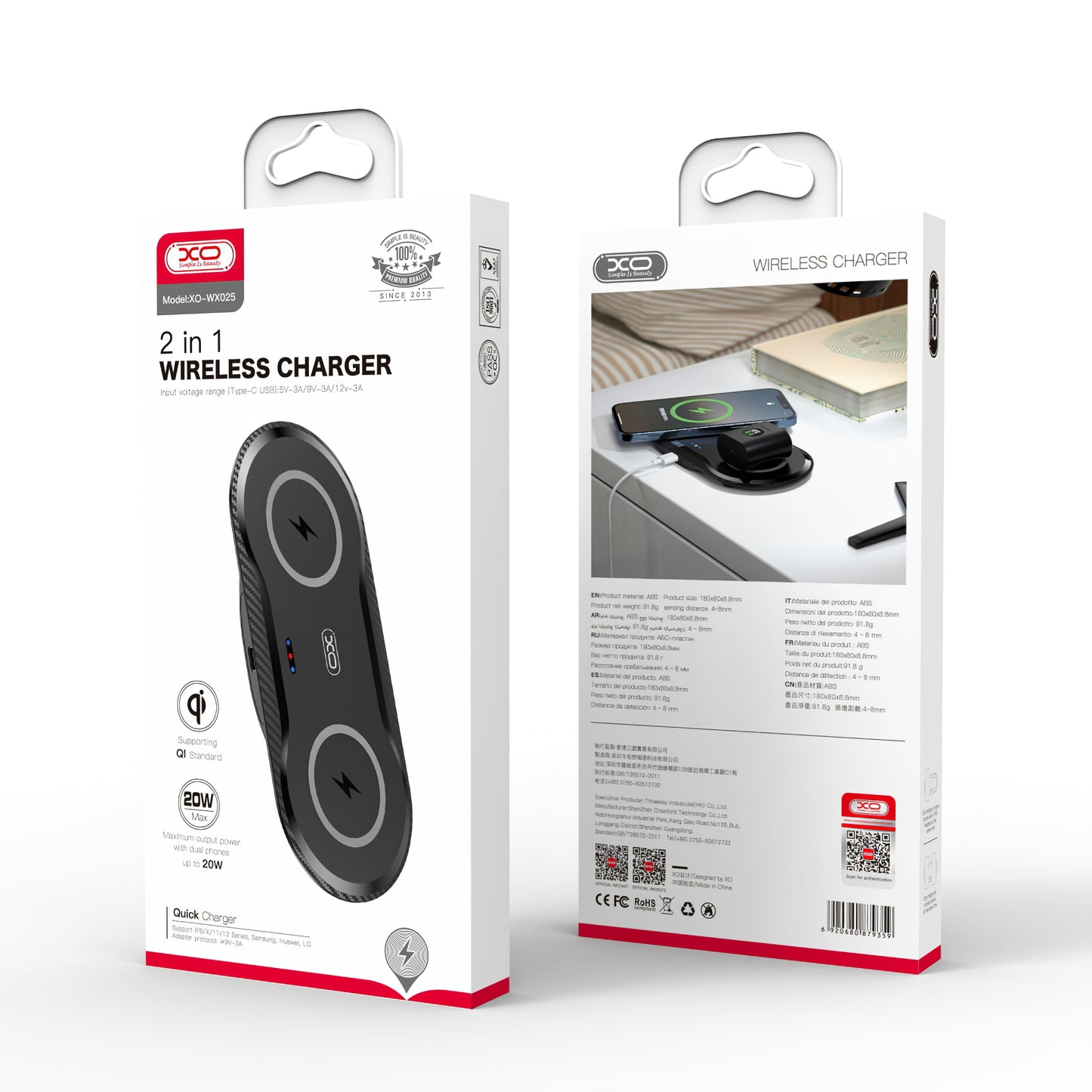 Bezdrôtová sieťová nabíjačka XO Design WX026, 20 W, 1,1 A, čierna