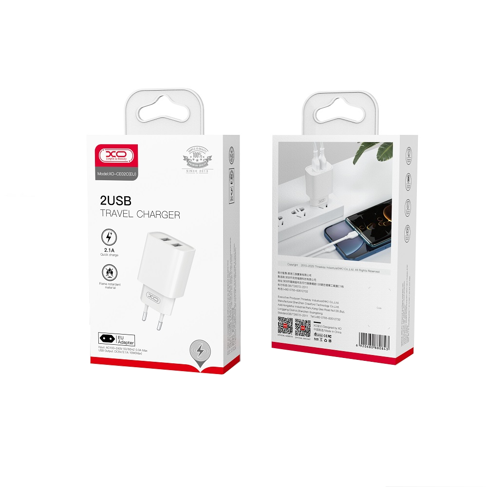 Sieťová nabíjačka XO Design CE02C, 10.5W, 2.1A, 2 x USB-A, Biela