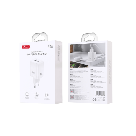 Sieťová nabíjačka XO Design CE36, 45W, 3A, 1 x USB-A - 1 x USB-C, Biela