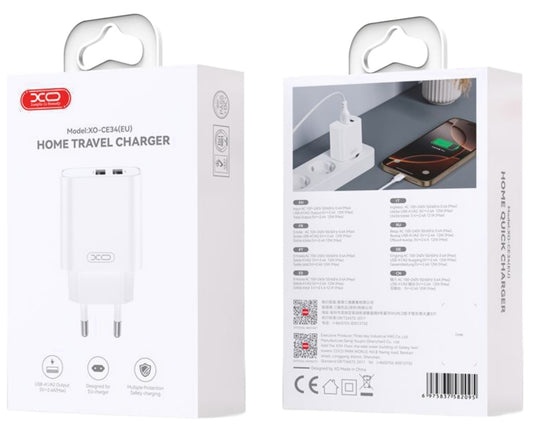 Sieťová nabíjačka XO Design CE34, 12W, 2.4A, 2 x USB-A, Biela