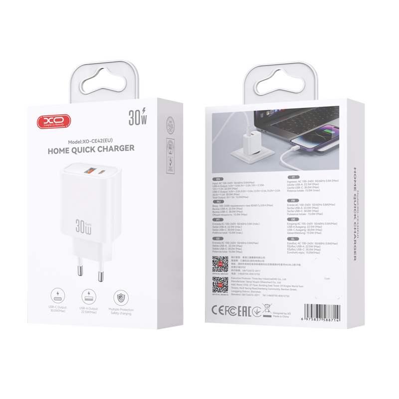 Sieťová nabíjačka XO Design CE42, 30W, 3A, 1 x USB-A - 1 x USB-C, biela