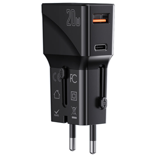 Sieťová nabíjačka Yesido MC17 Travel, 20 W, 3A, 1 x USB-A - 1 x USB-C, čierna