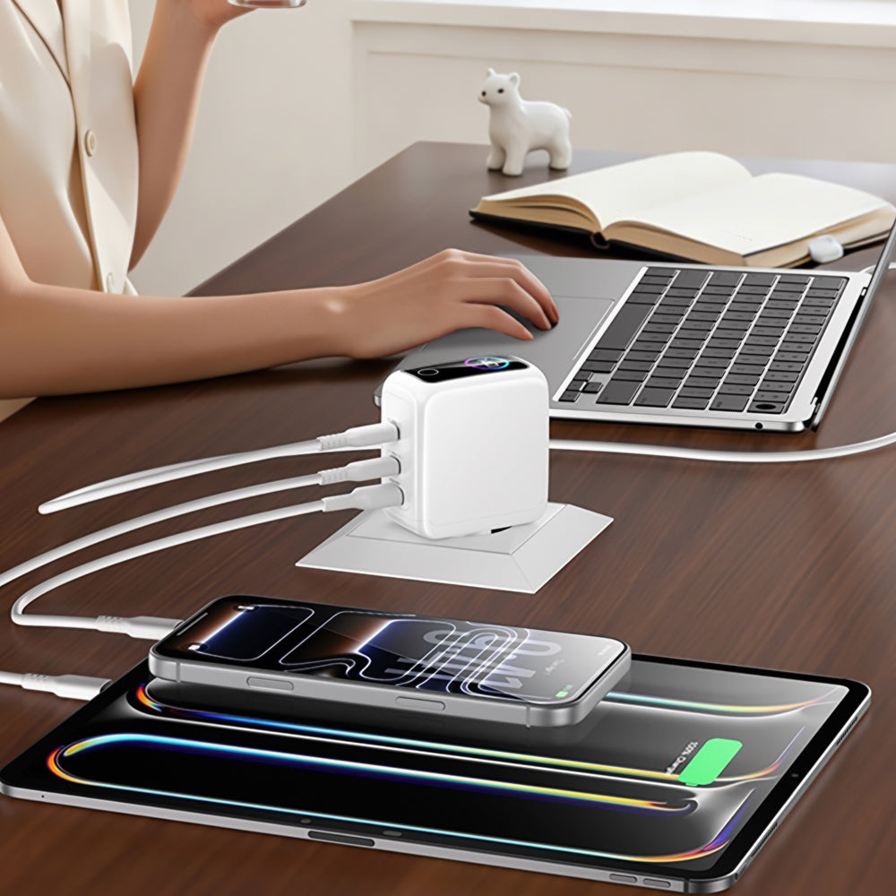 Sieťová nabíjačka Yesido YC114 s displejom, 140W, 5A, 1 x USB-A - 2 x USB-C, biela