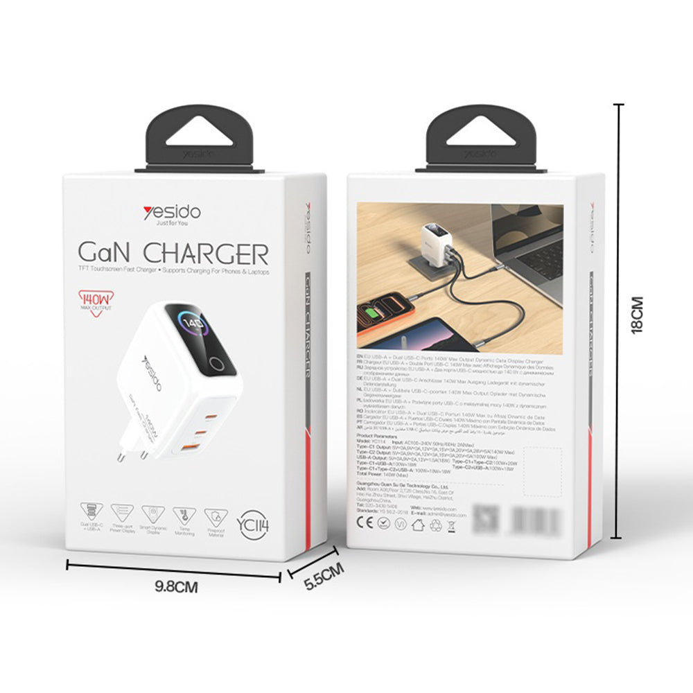 Sieťová nabíjačka Yesido YC114 s displejom, 140W, 5A, 1 x USB-A - 2 x USB-C, biela