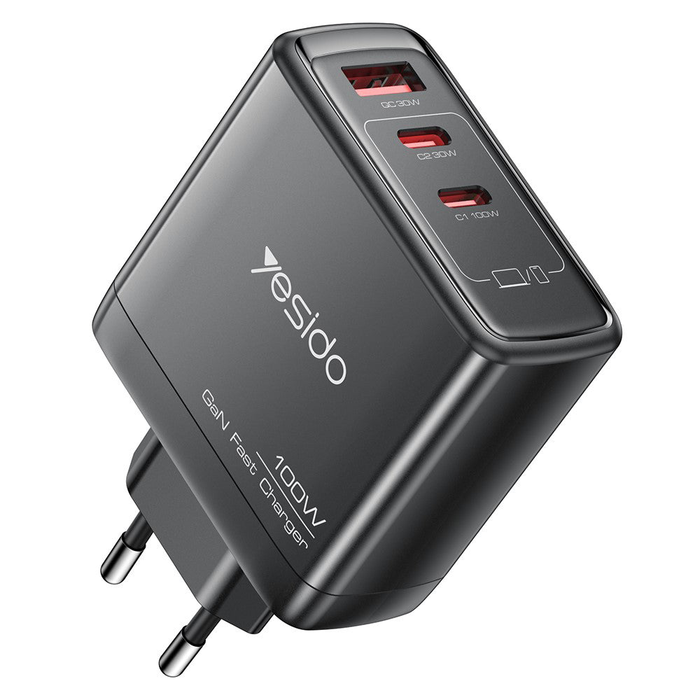 Sieťová nabíjačka Yesido YC142, 100W, 5A, 1 x USB-A - 2 x USB-C, Čierna
