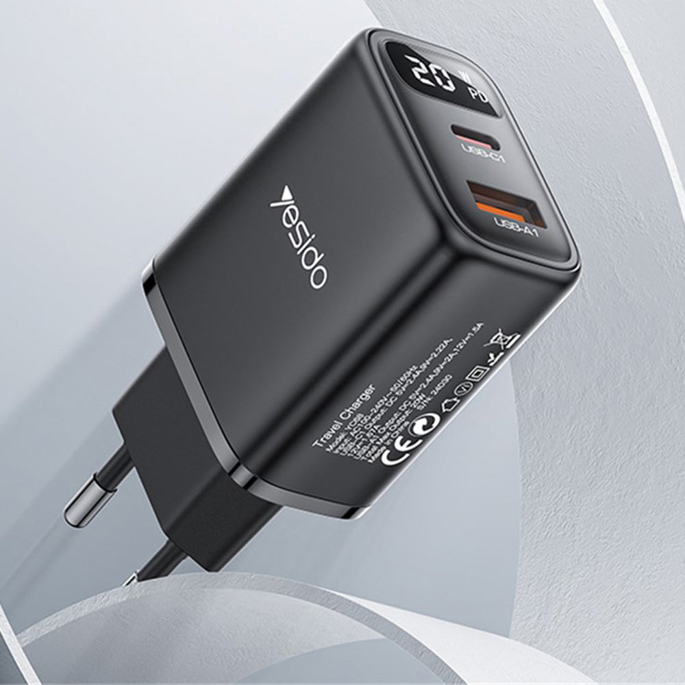 Sieťová nabíjačka Yesido YC68, 20W displej, 3A, 1 x USB-A - 1 x USB-C, čierna