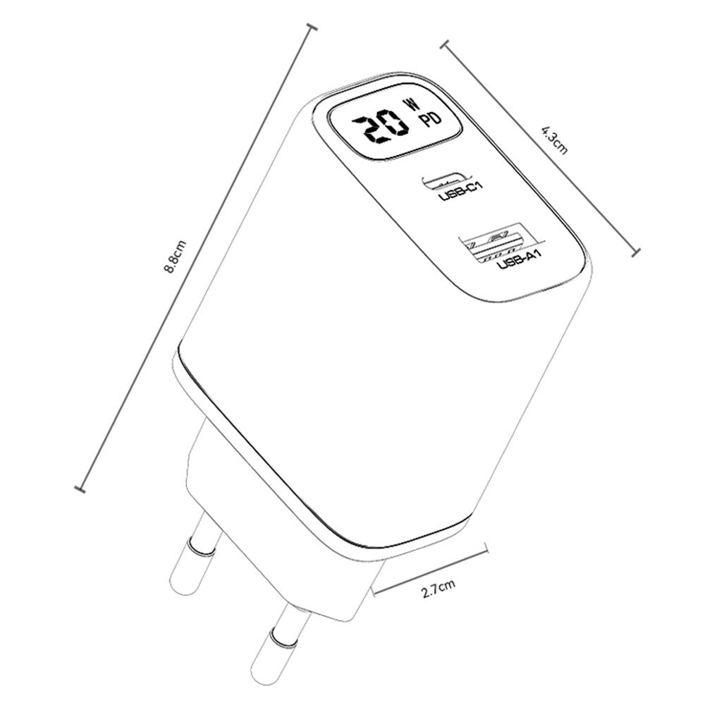 Sieťová nabíjačka Yesido YC68, 20W displej, 3A, 1 x USB-A - 1 x USB-C, čierna
