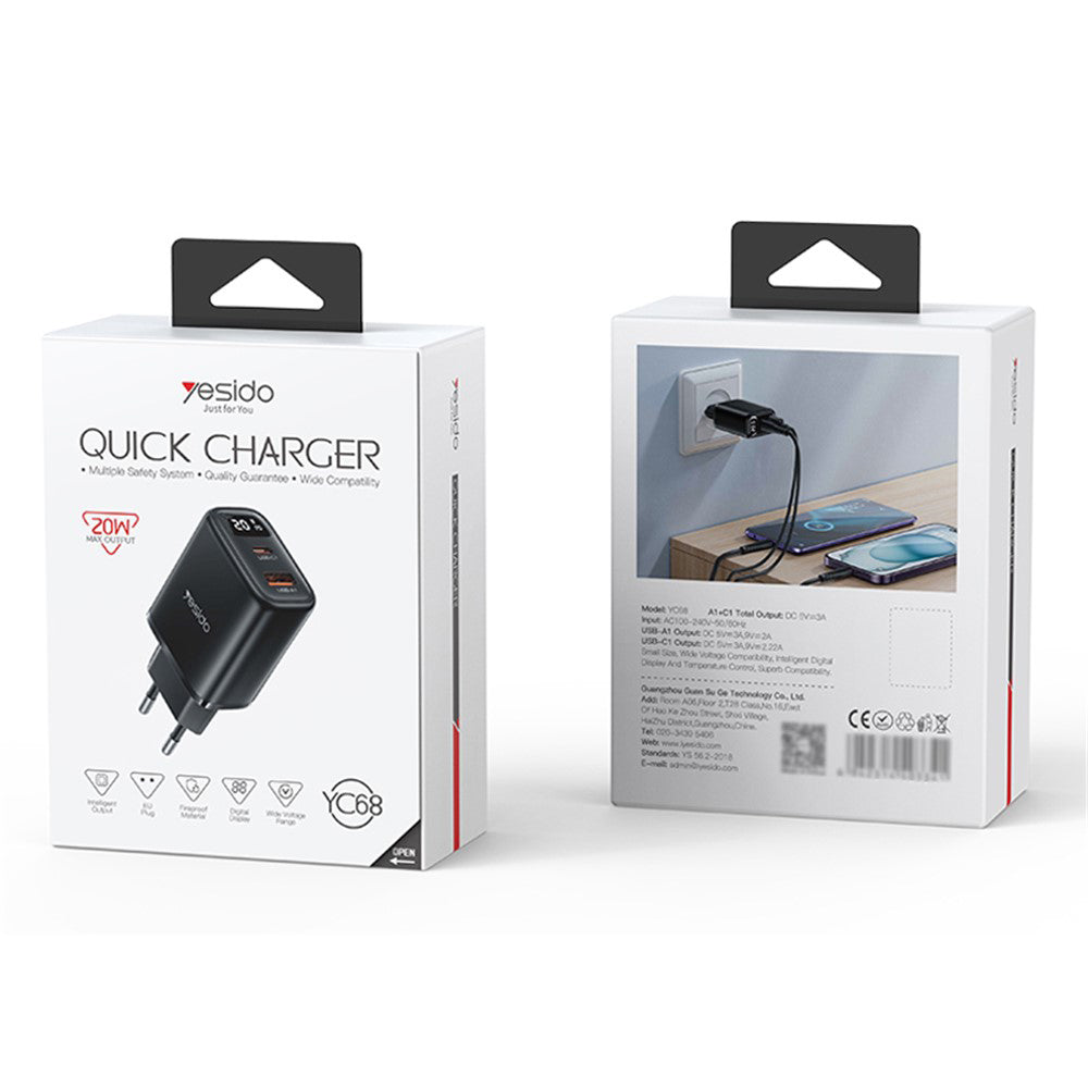 Sieťová nabíjačka Yesido YC68, 20W displej, 3A, 1 x USB-A - 1 x USB-C, čierna