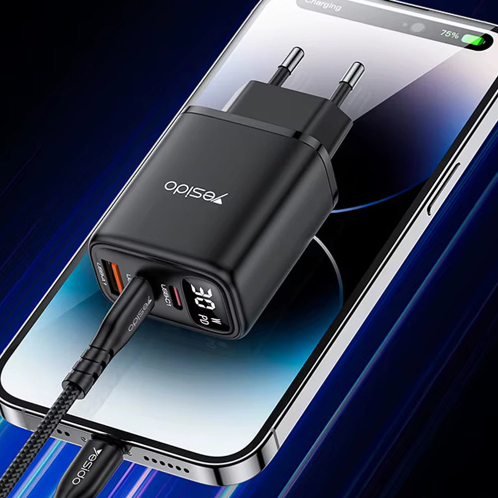 Sieťová nabíjačka Yesido YC69 Display, 30W, 3A, 1 x USB-A - 2 x USB-C, Čierna