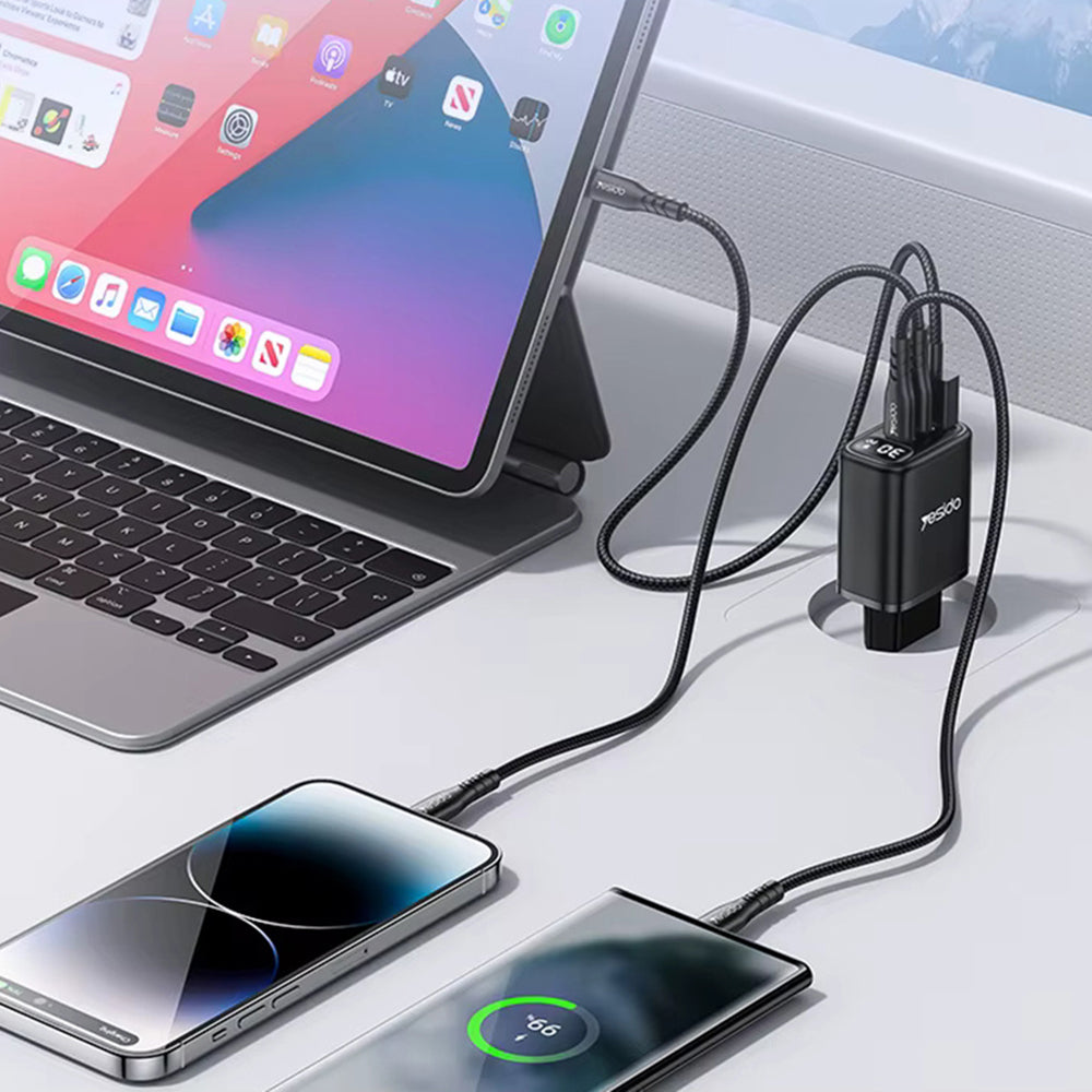 Sieťová nabíjačka Yesido YC69 Display, 30W, 3A, 1 x USB-A - 2 x USB-C, Čierna
