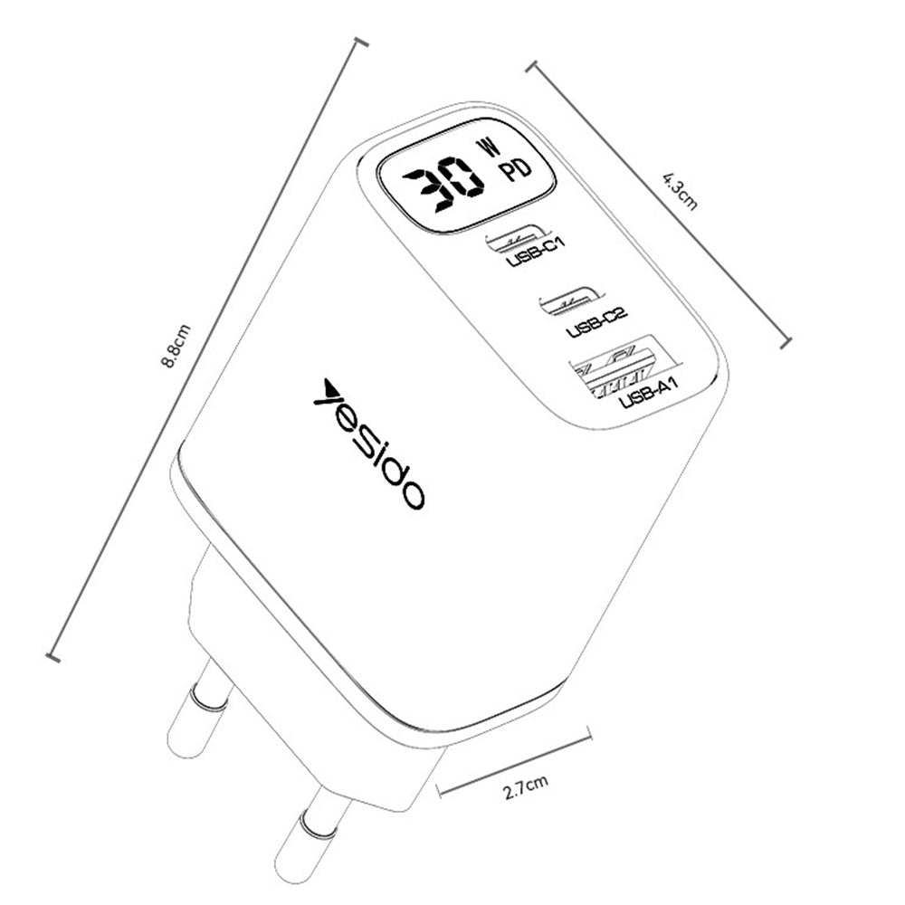 Sieťová nabíjačka Yesido YC69 Display, 30W, 3A, 1 x USB-A - 2 x USB-C, Čierna