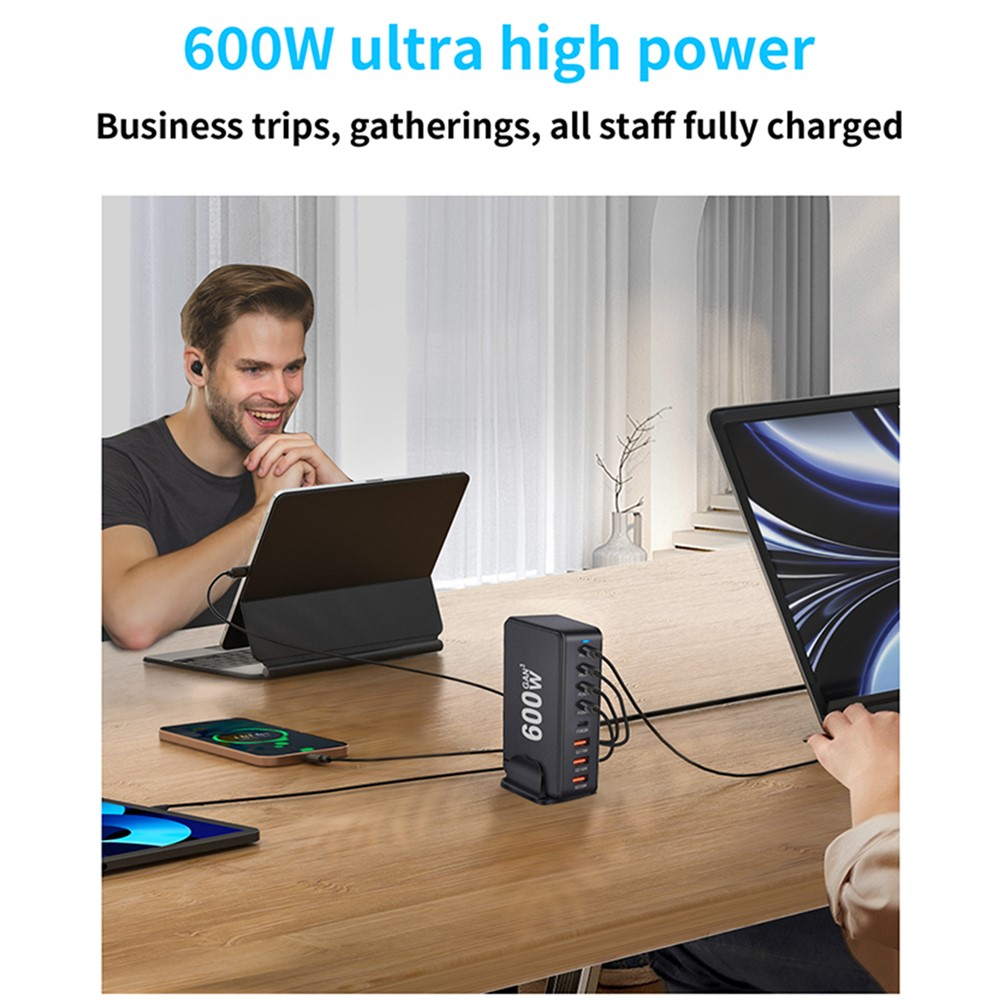 Nabíjačka stanice OEM, 600W, 4 x USB-A - 4 x USB-C, čierna