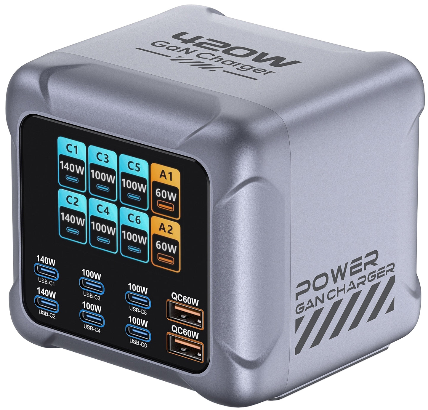 Nabíjačka stanice OEM BK-126D, 140W, 5A, 2 x USB-A - 6 x USB-C, Sivá
