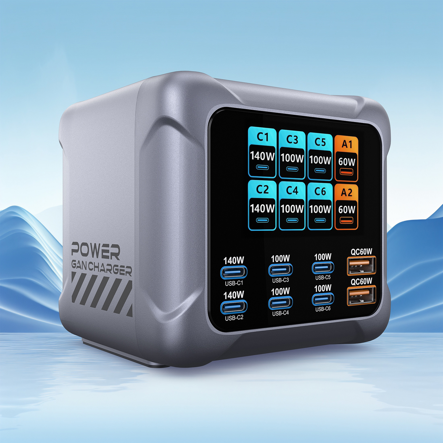 Nabíjačka stanice OEM BK-126D, 140W, 5A, 2 x USB-A - 6 x USB-C, Sivá