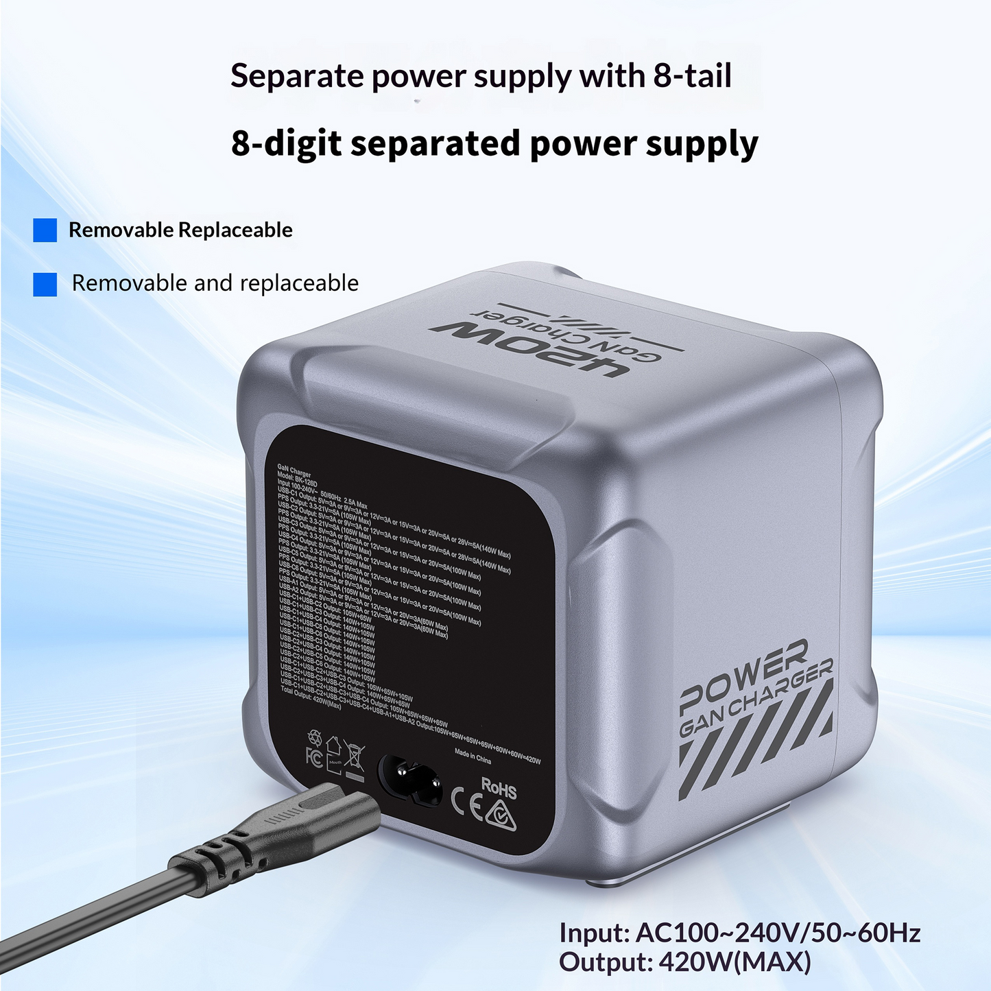 Nabíjačka stanice OEM BK-126D, 140W, 5A, 2 x USB-A - 6 x USB-C, Sivá