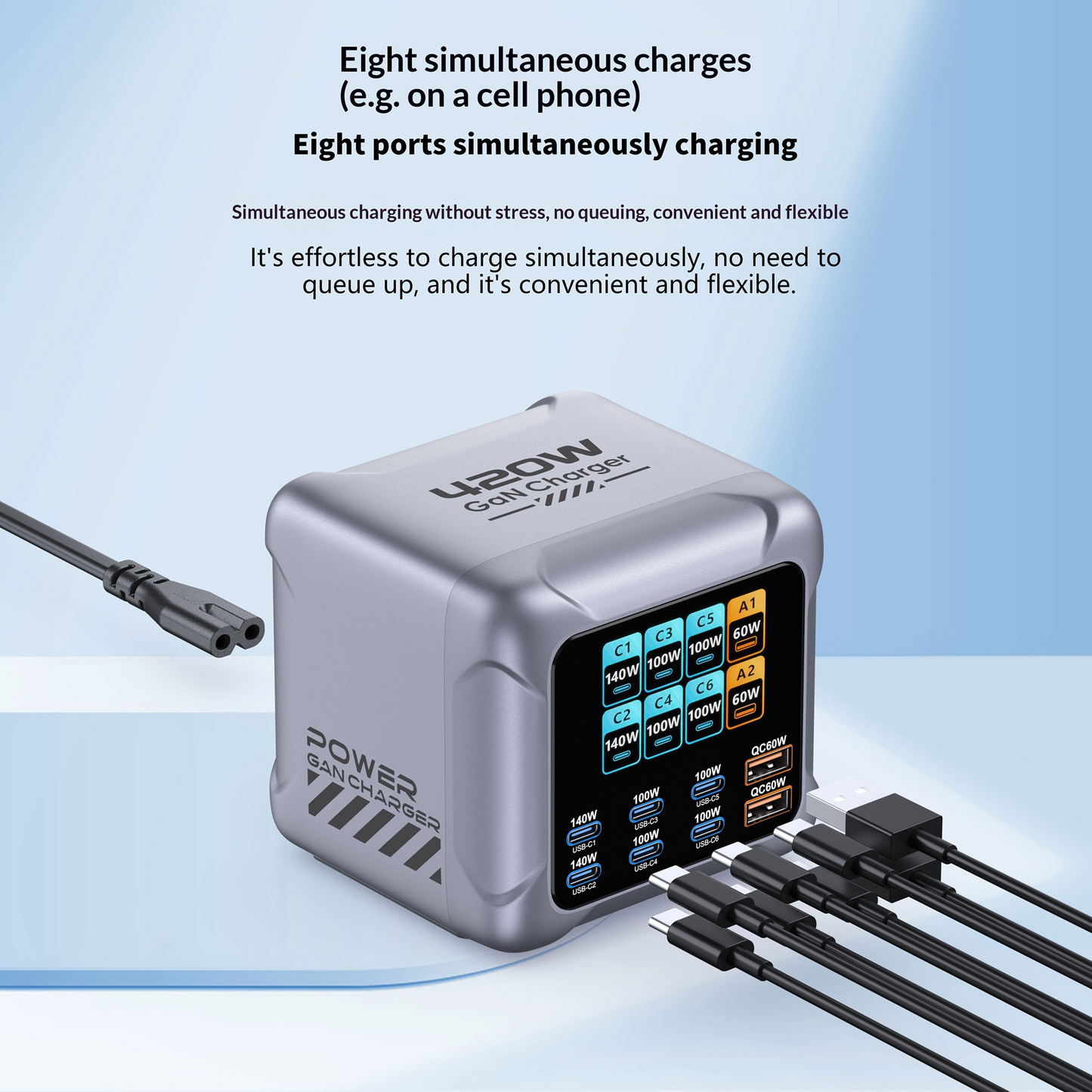 Nabíjačka stanice OEM BK-126D, 140W, 5A, 2 x USB-A - 6 x USB-C, Sivá