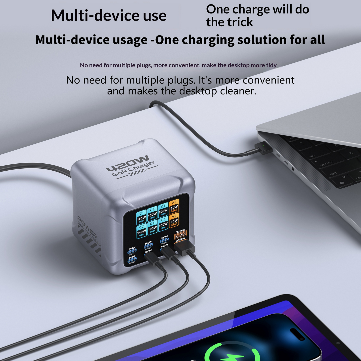 Nabíjačka stanice OEM BK-126D, 140W, 5A, 2 x USB-A - 6 x USB-C, Sivá