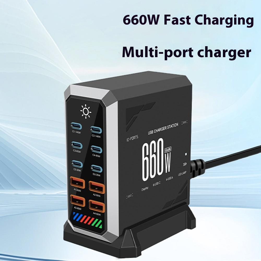 Nabíjačka stanice OEM HW18, 660W, 5A, 4 x USB-A - 6 x USB-C, čierna