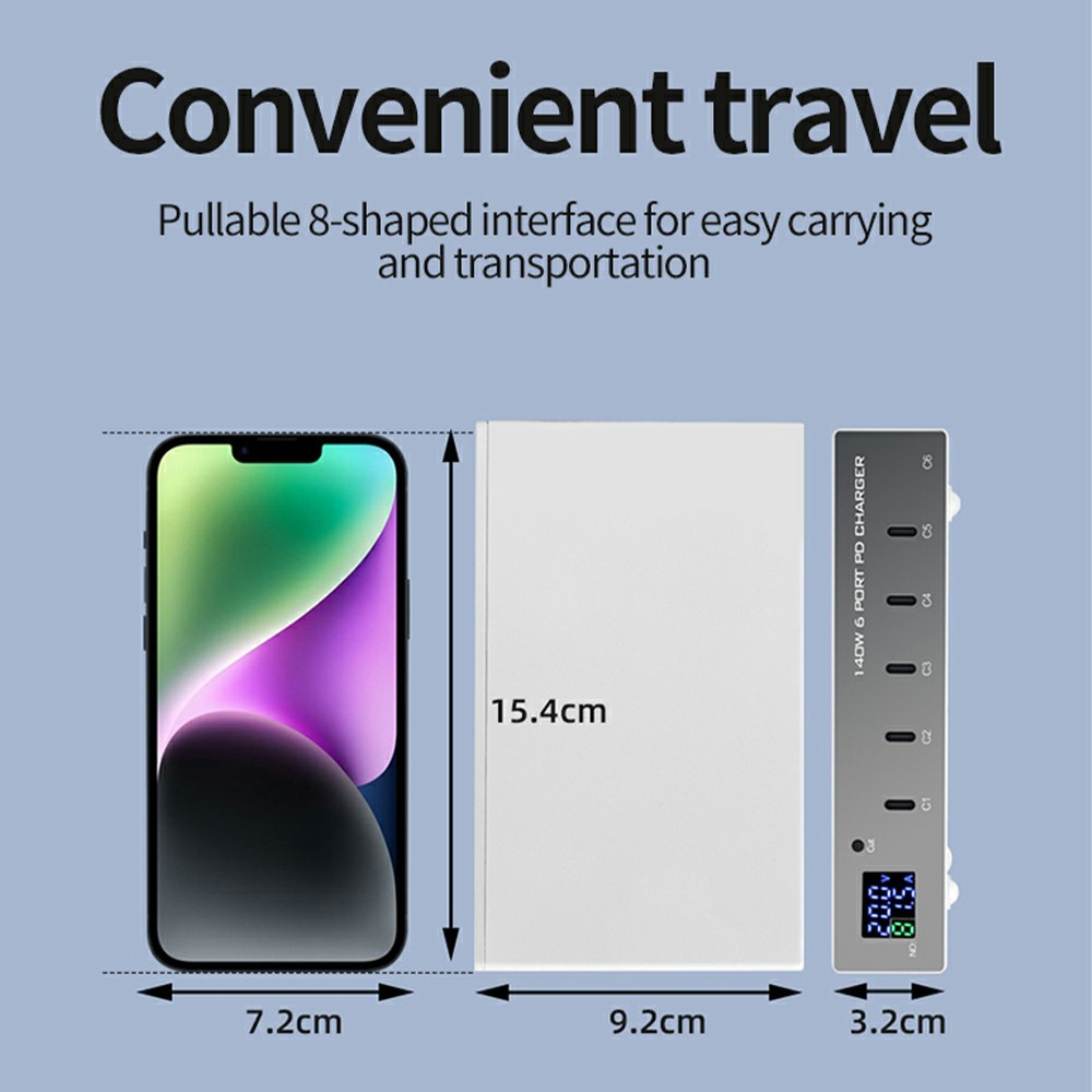 Nabíjačka stanice OEM WLX-X6P, 140W, 3A, 6 x USB-C, Strieborná