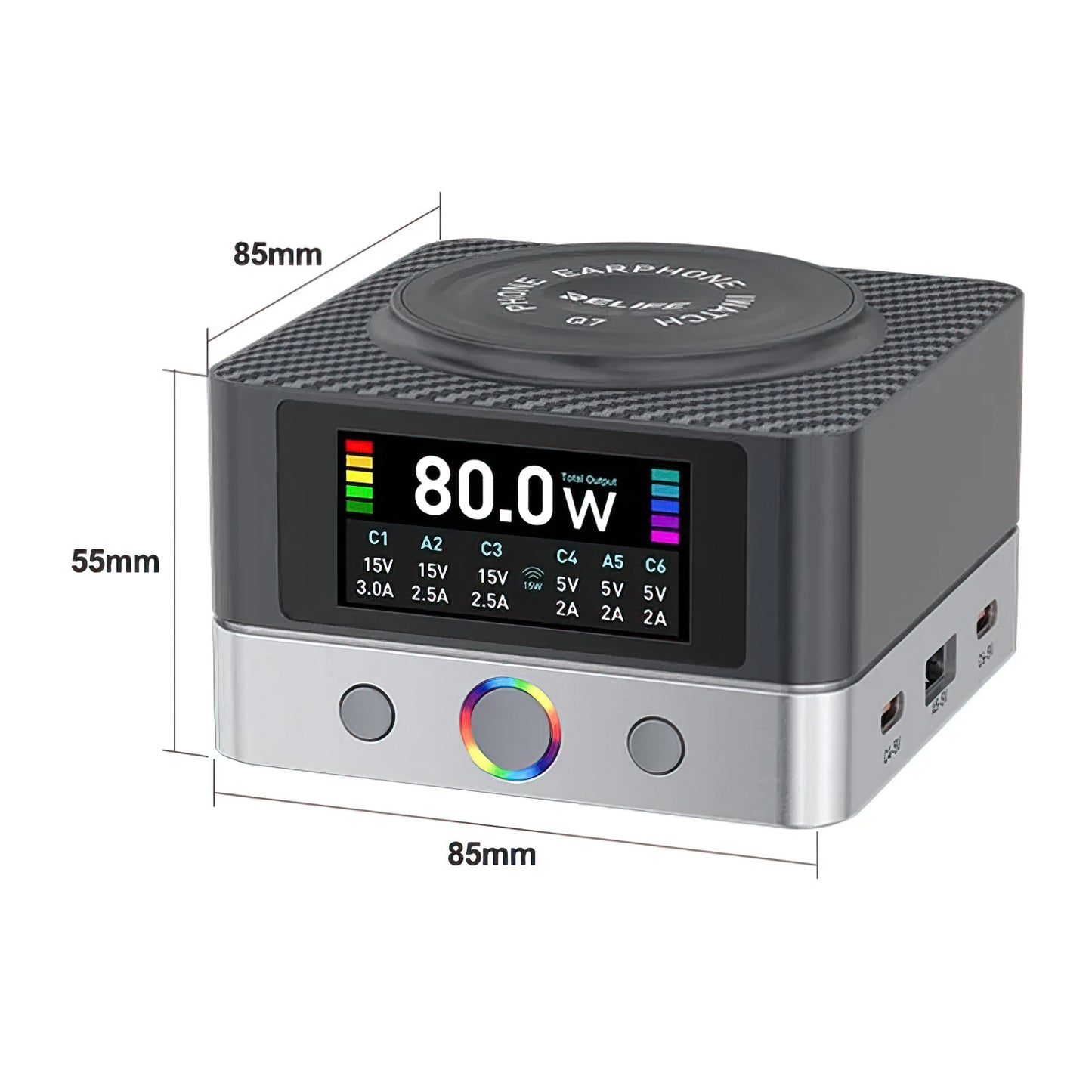 Nabíjačka Stanica Relife Q7 QI, 80W, 3.25A, 2 x USB-A - 4 x USB-C, Sivá