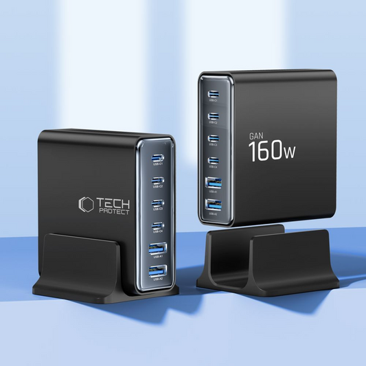 Tech-Protect DC160W-GAN Charging Station, 160W, 5A, 2 x USB-A - 4 x USB-C, Black