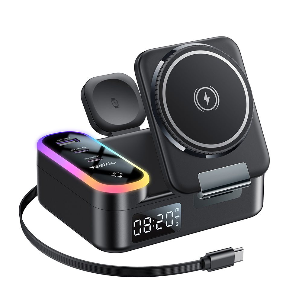 Nabíjačka stanica Yesido DS38 Display QI 3v1, 65W, 3A, 1 x USB-A - 2 x USB-C, Čierna