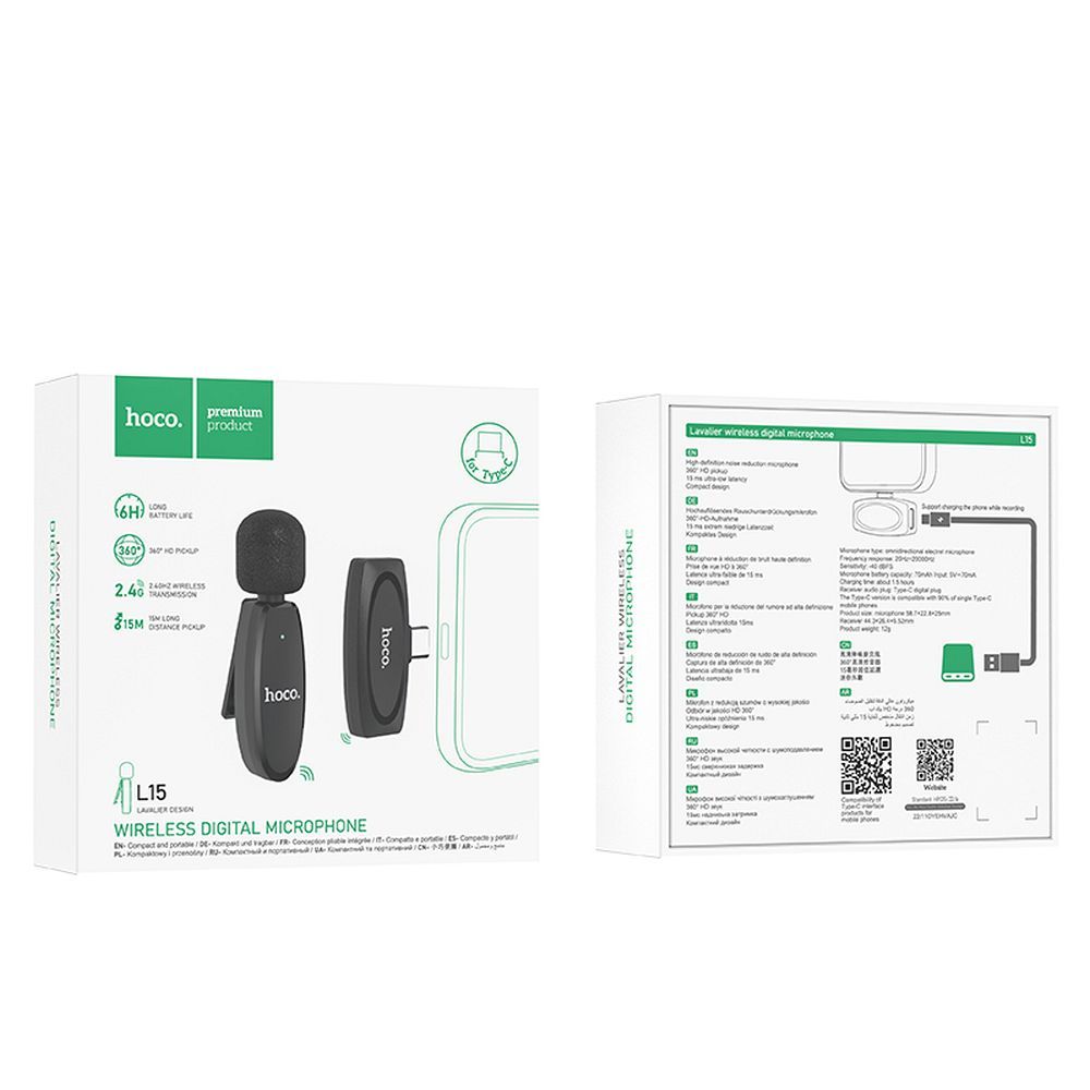Lavaliera HOCO L15, USB-C, Čierna