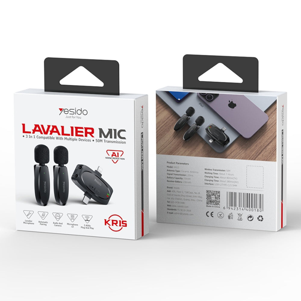 Lavaliera Yesido KR15, USB-C / Lightning, Sada 2 kusy, Čierna