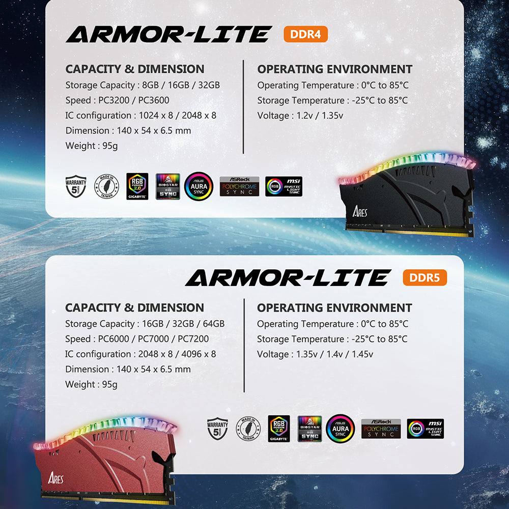 Pamäť RAM Dato Ares Armor Lite, DDR4, RGB, 8GB, 3200Mhz, CL16, Červená ARB8G4R32