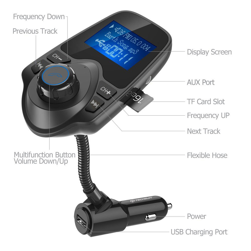 FM Bluetooth modulátor Techsuit MFM4, 1 x USB-A - 1 x 3.5mm - 1 x microSD, Čierny