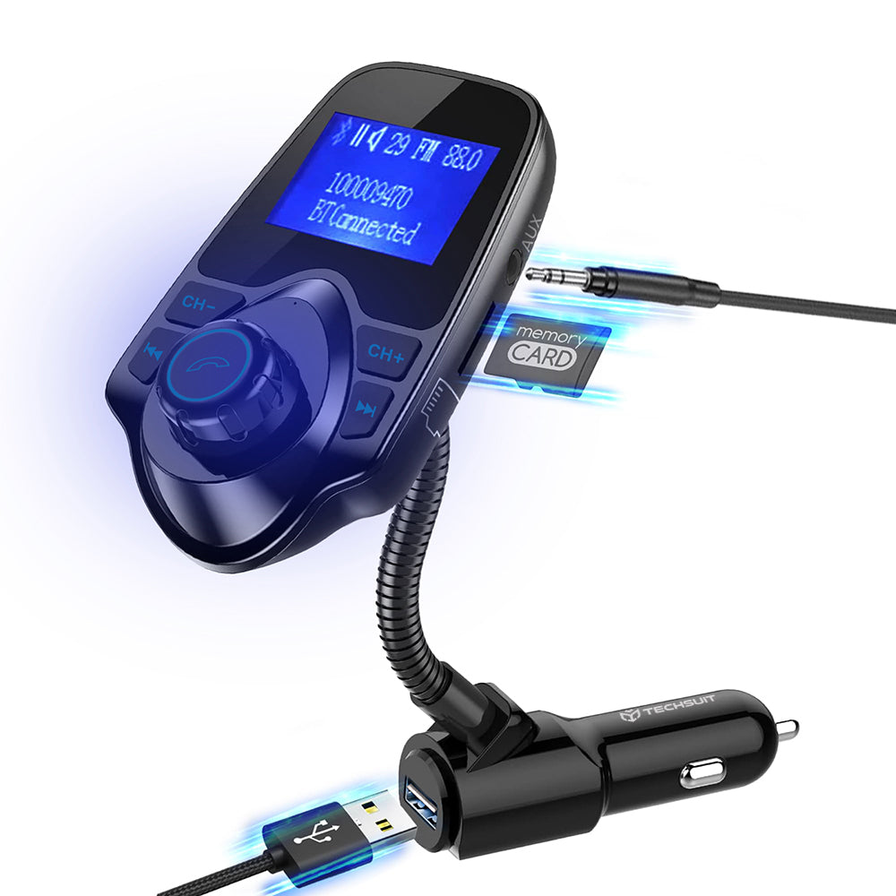 FM Bluetooth modulátor Techsuit MFM4, 1 x USB-A - 1 x 3.5mm - 1 x microSD, Čierny