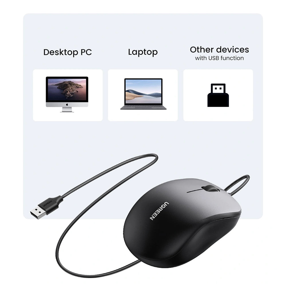 Mouse Wired USB UGREEN MU007, 1200DPI, 1.5m, Čierny