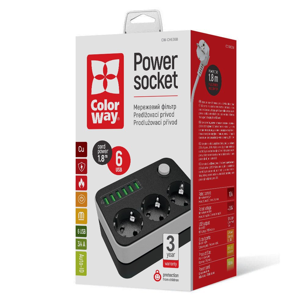 Predlžovačka ColorWay, 3 x Schuko - 6 x USB-A, Čierna